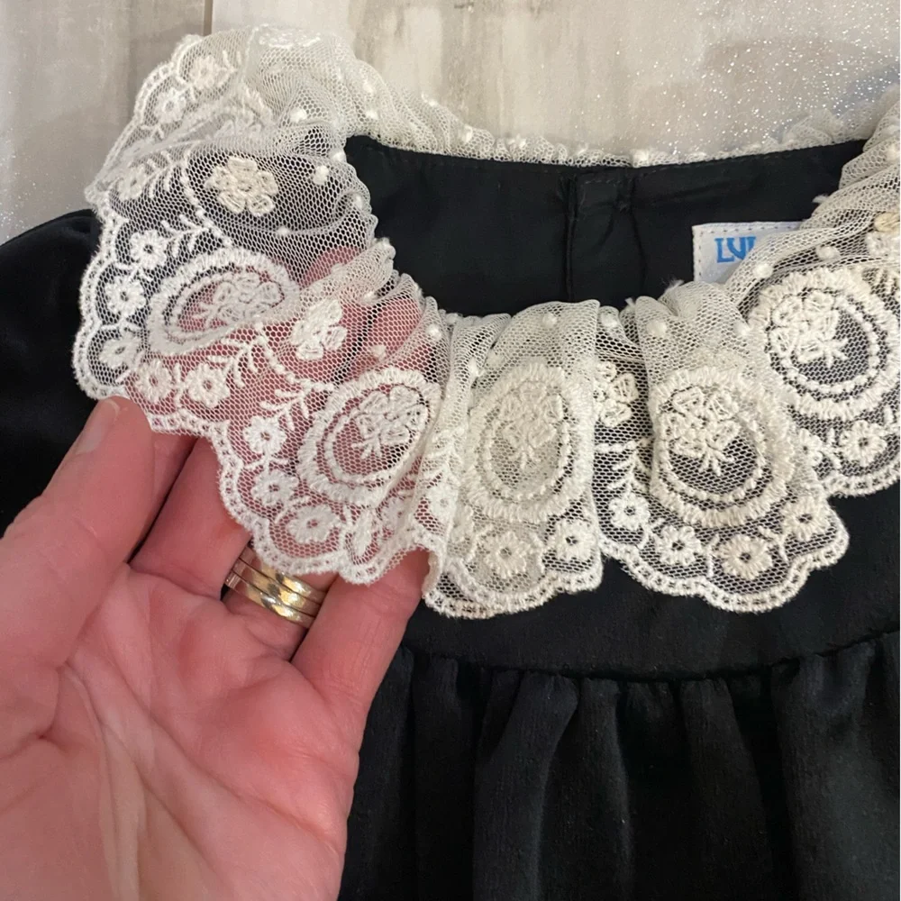 NWT Luli & Me Heirloom Lace Deluxe Black Velvet Float Dress & Bloomers girls 24M